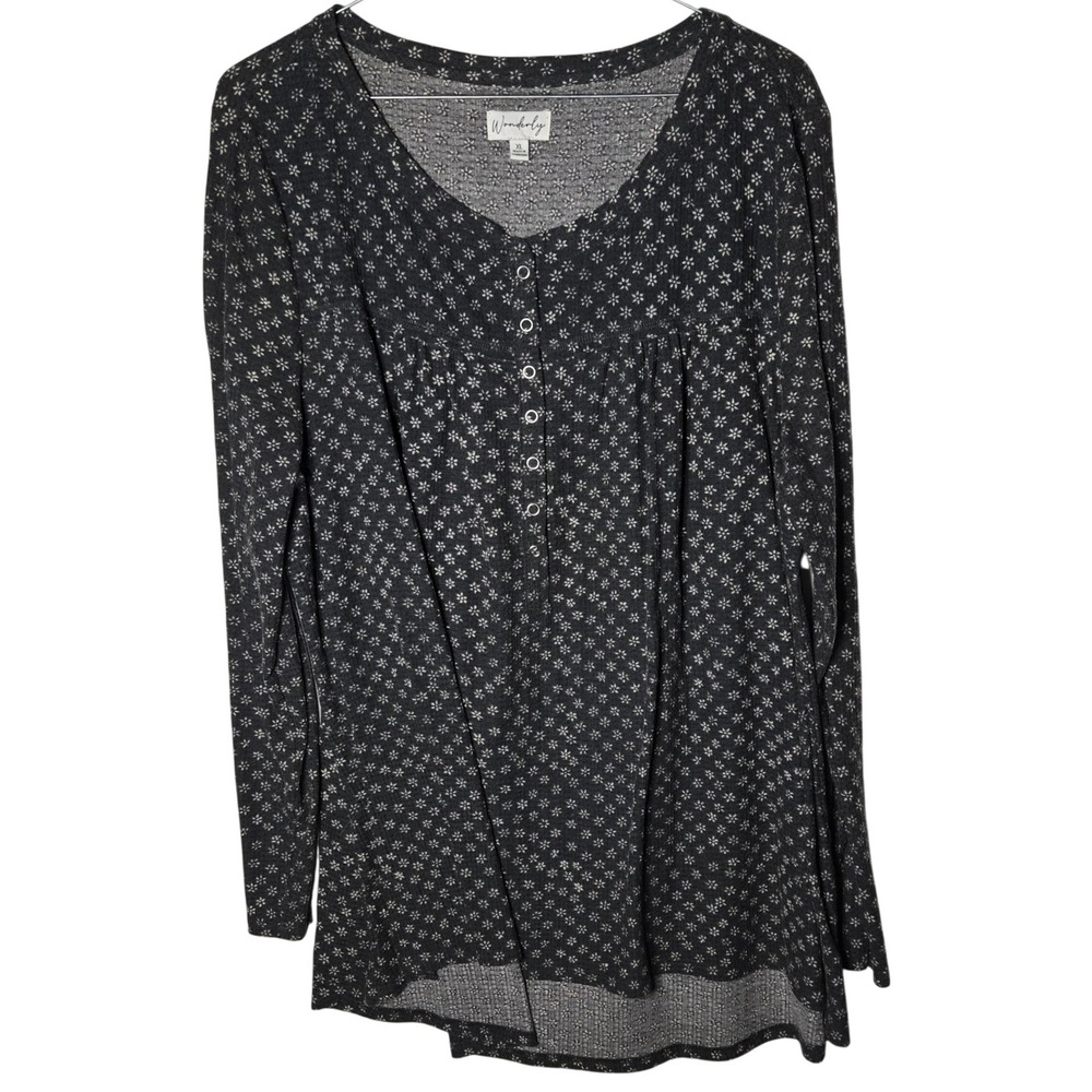 Wonderly Womens Floral Waffle Knit Henley Long Sleeve Top XL Cottage Boho Comfyâ